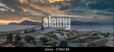 Aerial view of Rio (Rion) fortress near Patras Greece with pointed bastions, demi lunes, gun platforms Antirio cable bridge Stock Photo