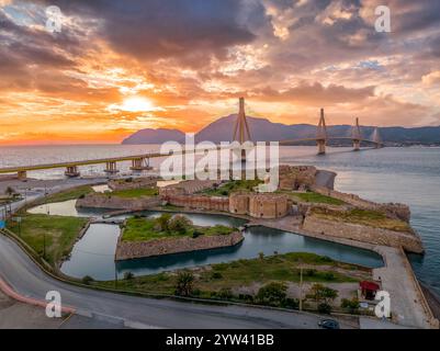 Aerial view of Rio (Rion) fortress near Patras Greece with pointed bastions, demi lunes, gun platforms Antirio cable bridge Stock Photo