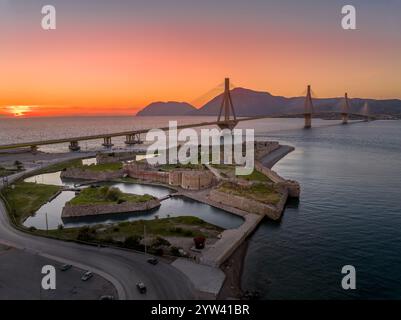 Aerial view of Rio (Rion) fortress near Patras Greece with pointed bastions, demi lunes, gun platforms Antirio cable bridge Stock Photo