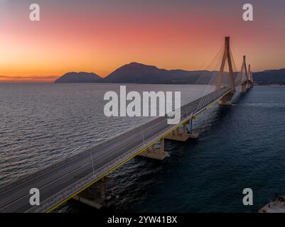 Aerial view of Rio (Rion) fortress near Patras Greece with pointed bastions, demi lunes, gun platforms Antirio cable bridge Stock Photo