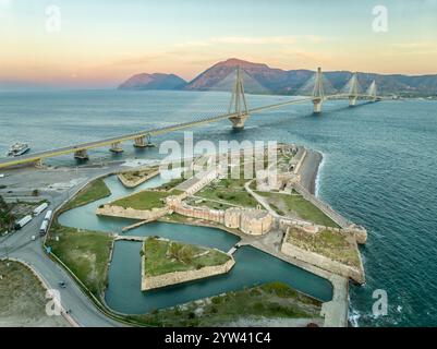 Aerial view of Rio (Rion) fortress near Patras Greece with pointed bastions, demi lunes, gun platforms Antirio cable bridge Stock Photo