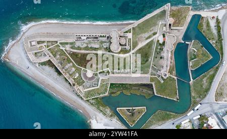 Aerial view of Rio (Rion) fortress near Patras Greece with pointed bastions, demi lunes, gun platforms Antirio cable bridge Stock Photo