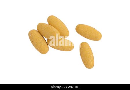 heap of vitamin or pills isolated on white background with clipping path, top view, health supplement Stock Photo