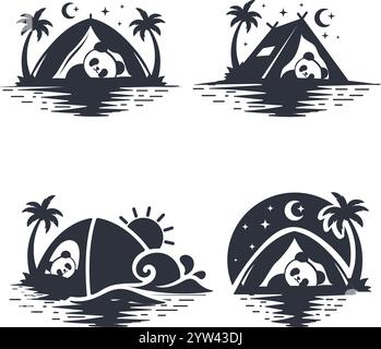 Beach camp logo or sign, silhouette of camping tent at the beach with sleeping panda vector illustration Stock Vector