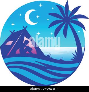 A man is pensive in a tent on a beach with a sunset atmosphere vector illustration Stock Vector