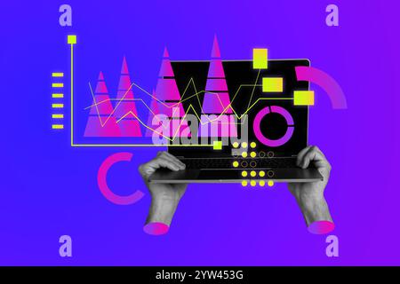 Contemporary poster trend art collage of hands hold laptop settings interface colorful graph development success cyberspace Stock Photo