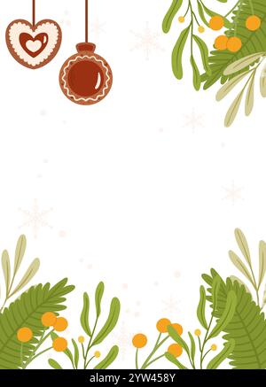 Festive Poster template frame heart-shaped and round gingerbread ornaments, greenery, yellow berries, and snowflakes on a light background with blank Stock Vector