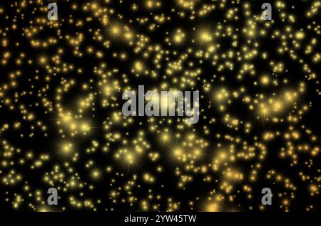 Golden Sparkles on Black Night. Twinkling Lights in Darkness. Gold Starry Night Background. Elegant Golden Glow Pattern. Shining Stars on Midnight Sky Stock Photo