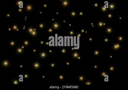 Golden Sparkles on Black Night. Twinkling Lights in Darkness. Gold Starry Night Background. Elegant Golden Glow Pattern. Shining Stars on Midnight Sky Stock Photo