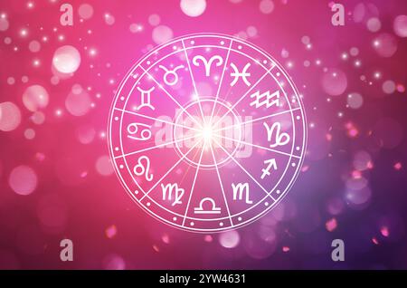 Zodiac signs inside of horoscope circle. Astrology in the sky with many stars and moons  astrology and horoscopes concept Stock Photo