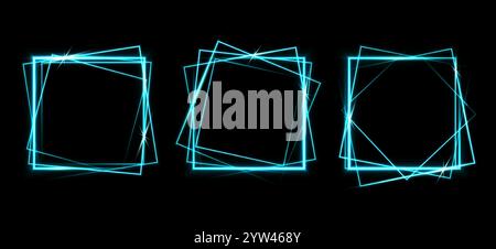 Blue laser glowing frames isolated on black background. Neon squares. Abstract vector illustration. Stock Vector