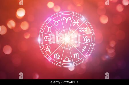 Zodiac signs inside of horoscope circle. Astrology in the sky with many stars and moons  astrology and horoscopes concept Stock Photo