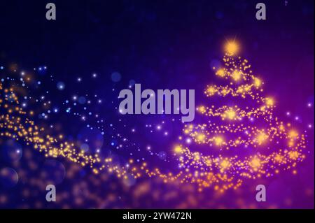 Background Golden Twilight Christmas Tree.Magical Holiday Glow. Starlit Christmas Night. Dreamy Festive Lights. Radiant Christmas in Purple Sky. Golde Stock Photo