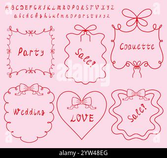 Whimsical border frame set, Handwritten Alphabet. hand drawn scribble line, ribbon bow frame for invitation, valentine or christmas design Stock Vector