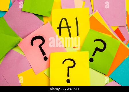 Yellow sticky note paper with black letter written on it saying AI, on colored papers with question marks, concept of question about AI and the future Stock Photo