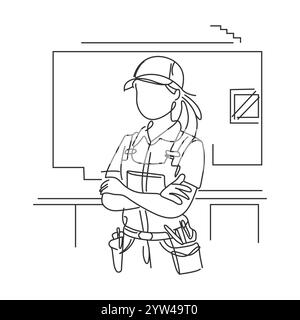 Continuous one line drawing of young handy woman pose cross arms on chest before going to work. Professional job profession minimalist concept. Single Stock Vector