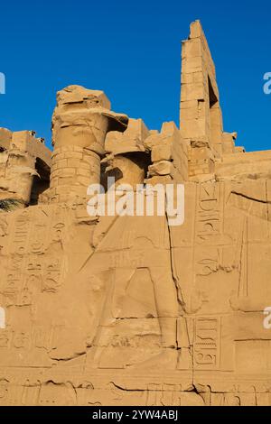 Columns decorated with hieroglyphs, in the Great Hypostyle Hall, Amun-Re Precinct, Ancient Egyptian open-air museum of Karnak Temple, El-Karnack,Luxor Stock Photo