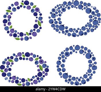 Blueberries oval and circle round frame set, vector illustration. Hand drawn graphic line berries. Vintage style design. Organic food, healthy food. Stock Vector