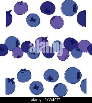 blueberries Food in graphic line style. set of vector seamless borders Decor for a recipe book. Set of decorative border Stock Vector
