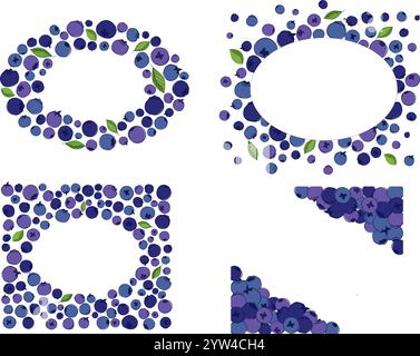 Blueberry in graphic line style, blue and purple oval frame composition vector set. For restaurant, cafe menu, wedding, farmers market Stock Vector