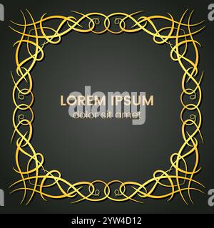 A square golden monogram element on a dark background. Vector illustration. Stock Vector