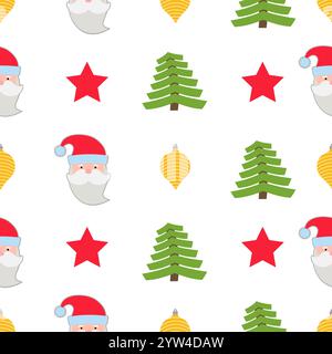 Christmas seamless pattern with christmas ball, Santa Claus and Christmas tree on white background. Vector illustration Stock Vector