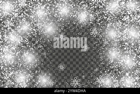 Snowfall and falling snowflakes on dark transparent background. White snowflakes and Christmas snow. Vector illustration Stock Vector