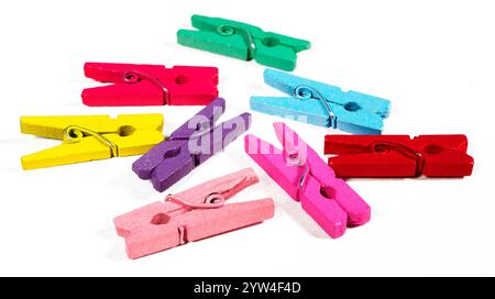 Multicolored clothespins isolated on white background. Stock Photo