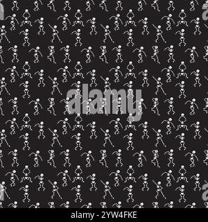 Dancing skeletons on a black background. Seamless pattern. Vector illustration. Stock Vector