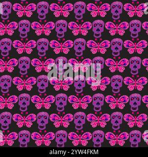Skulls and butterflies on a black background. Vector illustration. Seamless pattern. Stock Vector