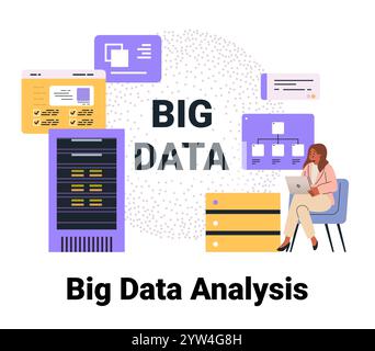 Big Data Analysis concept with server woman working on laptop data charts network connections colorful elements digital design Stock Vector