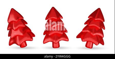 Set 3d red Christmas tree . Glossy New year and xmas abstract tree shapes. Stock Vector