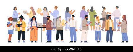Diverse group collaboration business meeting concept. People engaged in discussions holding laptops and documents in casual attire on a white Stock Vector
