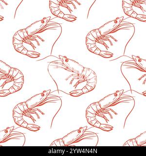 Seamless pattern, shrimp, line pattern, red on white background. Packaging, wrapping, background. Stock Vector