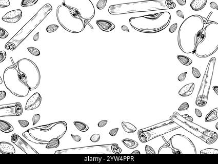 Almond seed, apple slice and cinnamon stick vector horizontal frame in black and white colors. Nuts with fruits, seasoning ingredients monochrome Stock Vector
