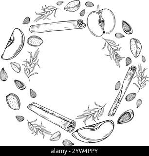 Almond seed, apple slice and cinnamon stick vector horizontal frame in black and white colors. Nuts with fruits, seasoning ingredients monochrome Stock Vector