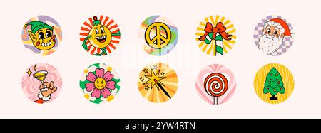 Retro style Christmas round stickers with groovy new year characters and objects. Ideal for Christmas and New Year sticker designs and decorations Stock Vector