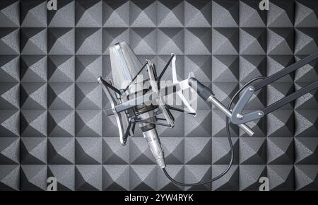 Professional microphone hanging in recording studio with acoustic foam treatment 3d Stock Photo
