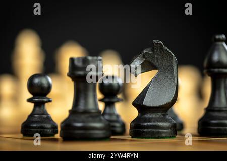 Black knight chess piece standing on chessboard with other pieces Stock Photo