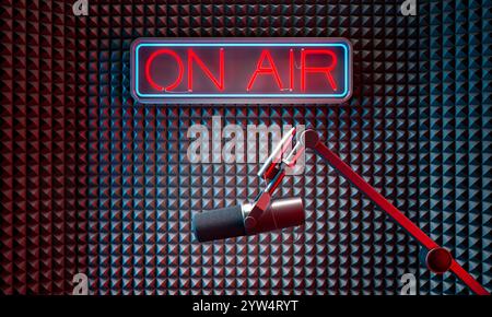 Professional microphone  radio station with neon on air sign 3d Stock Photo