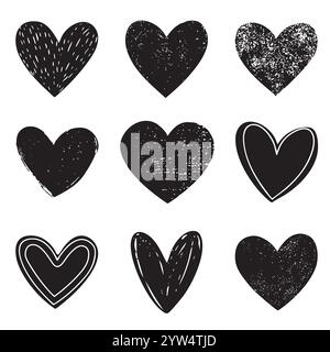 Collection of nine black hearts in various grunge and minimalist styles, featuring textured and hand-drawn effects on a white background. Stock Vector