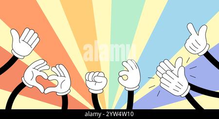 Clapping hands in vibrant groovy doodle style. Hands giving thumbs up and applauding, symbolizing appreciation and success. Cheerful hand drawn vector celebrating achievement and positivity Stock Vector