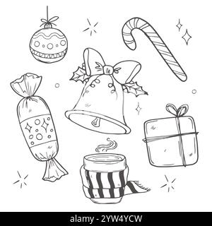 Hand-Drawn Christmas Doodle Set Festive Black and White Holiday Illustrations Featuring Santa, Snowman, Gifts, Trees and More Stock Vector
