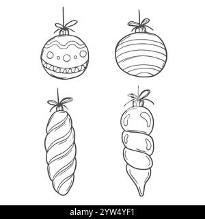 Christmas baubles set hand drawn Isolated vector illustration. Christmas tree toy Glass for holiday poster, party sketch for New Year cards, greeting, Stock Vector