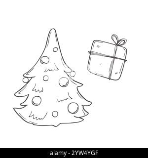 continuous line one line Christmas tree star decorated with presents beside Christmas hand drawn illustration vector Stock Vector