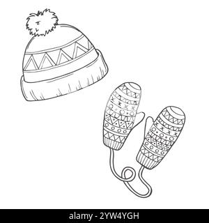 Vector set of winter clothes made of knitted beanie hat, scarf, mittens, socks. Black and white drawings with contour lines and patterns. Design eleme Stock Vector