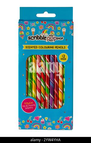 pack of scented colouring pencils by scribble pop shop isolated on white background - touch to activate scents Stock Photo