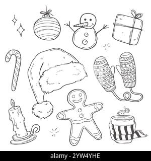 Hand-Drawn Christmas Doodle Set Festive Black and White Holiday Illustrations Featuring Santa, Snowman, Gifts, Trees and More Stock Vector