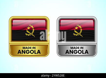 Made in Angola label icon in gold and silver color. Flag icon set for business Stock Vector