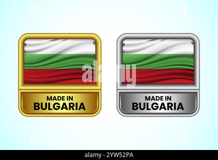 Made in Bulgaria label icon in gold and silver color. Flag icon set for business Stock Vector